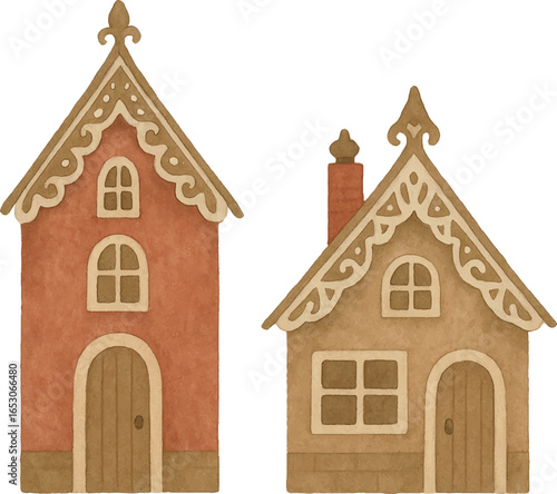 Vector cute watercolor gingerbread houses with decorative roofs in Scandinavian folk style. Perfect for Christmas cards, festive decorations, holiday prints, cozy winter illustrations