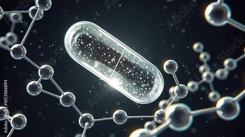 Medical Marvel: A meticulously crafted illustration of a transparent capsule, symbolizing health and pharmaceutical advancements, nestled amidst intricate molecular structures.