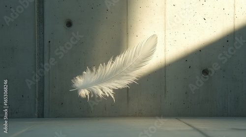 White Feather Suspended Against Concrete Wall with Motion Effect, Shadow Cast on Right Third and Raw Texture Background
