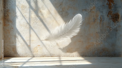 White Feather Suspended Against Concrete Wall with Motion Effect, Shadow Cast on Right Third and Raw Texture Background