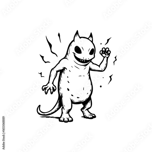Stylized cartoon monster illustration radiating energy featuring a friendly wave and expressive eyes artistic expression
