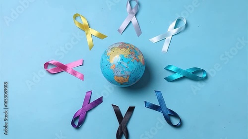 Earth Globe with Colorful Awareness Ribbons on Blue Background – World Cancer Day and Global Health Awareness Concept.