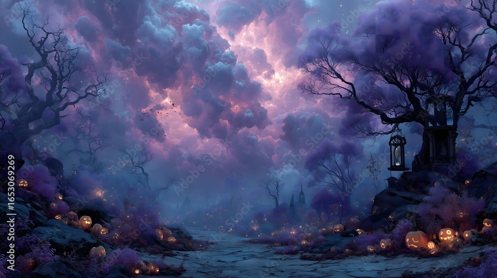 Fototapeta premium Halloween Pumpkin Lanterns Lighting Up a Magical Forest Path. Generative AI