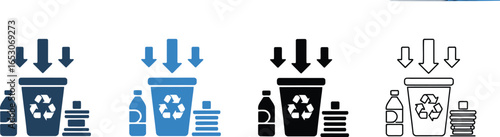 Recycling Symbol with Bottle and Paper in Four Different Styles on White Background