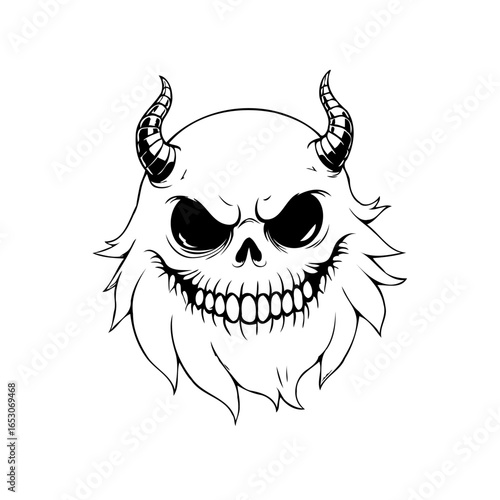 Detailed monochrome drawing showing a demonic monster skull with horns, jagged teeth, evil eyes, with fur