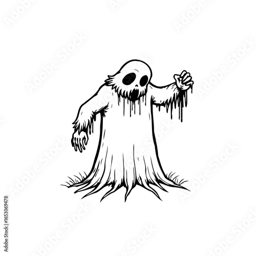 Creepy halloween ghost illustration: A spooky specter in black and white ready for a scare