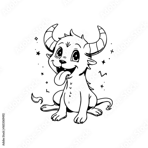 Playful fantasy horned creature illustration for children storybooks and coloring pages art creative and fun character