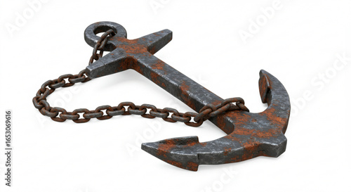 A rusty metal anchor with a chain is lying on a white surface in a close up shot with natural light