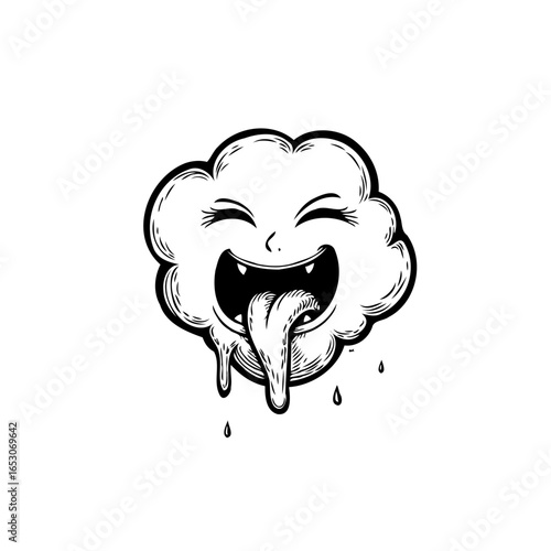 Creepy cartoon cloud character with its tongue sticking out, dripping, with some saliva flowing down