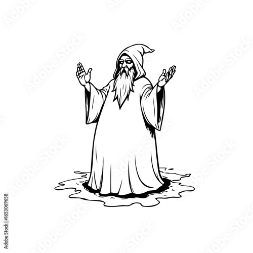 A wizard stands casting spells, dressed in a flowing robe with outstretched arms conjuring magic powers for a mystical enchantment