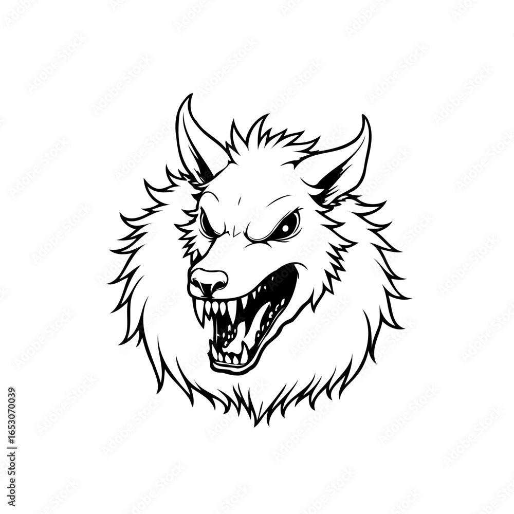 Fototapeta premium Fierce wolf head mascot illustration showcases sharp teeth and intense expression in detailed black and white line art