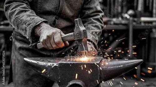 Close up of a blacksmith s hands hammering glowing hot metal on an anvil creating sparks and a fiery display of craftsmanship