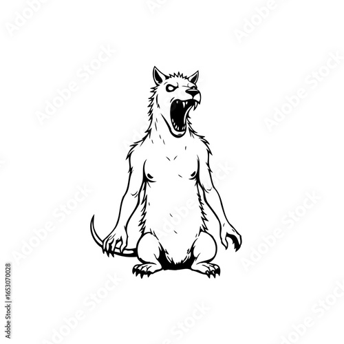 Creepy werewolf illustration with open mouth and sharp teeth in a menacing pose depicting transformation
