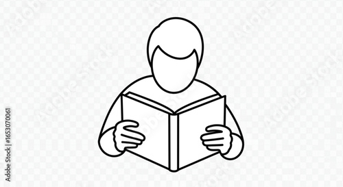 Person reading an open book with both hands in a simple black and white outline style illustration