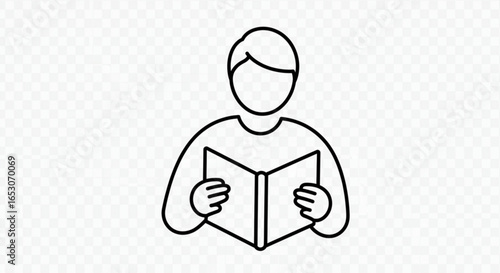 Illustration of a person with short hair reading a book with both hands in a simple line drawing