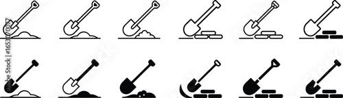 Shovel and Dirt Icon Set with Bricks Line Art Isolated on Transparent Background