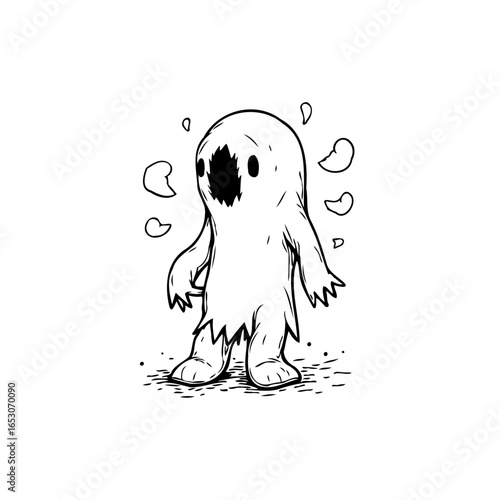 Cartoonish ghost illustration with tattered hem standing over shadow, a cute and spooky design perfect for halloween