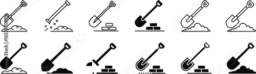 Shovel and Soil Icon Set, Construction Tools Line Art with Transparent Background