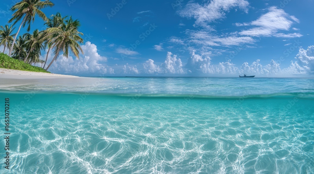 Fototapeta premium Tropical beach split view, clear water, palm trees