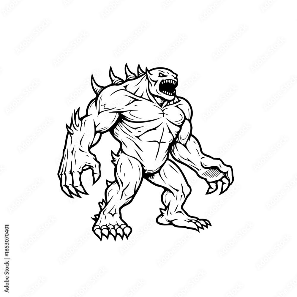 Fototapeta premium Detailed muscular monster illustration depicting strong features and powerful spikes, a terrifying creature with a formidable presence