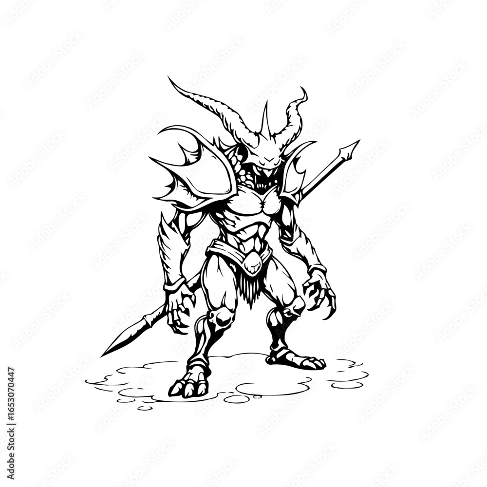 Fototapeta premium Illustration of a menacing horned demon warrior standing with spears ready for battle against foes in fantasy