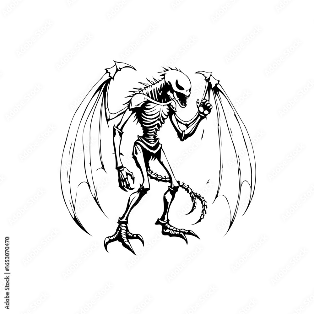 Fototapeta premium Illustration of winged skeleton character with intricate details isolated on white background providing dramatic artistic expression