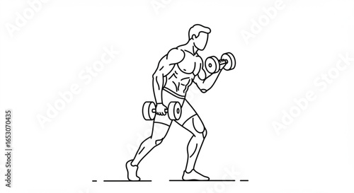Line art of a muscular man doing bicep curls with dumbbells in a fitness exercise routine workout session