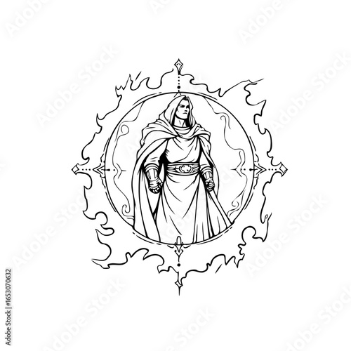 Intricate line art illustration of a hooded mage with mystical circle emblem design perfect for fantasy themes