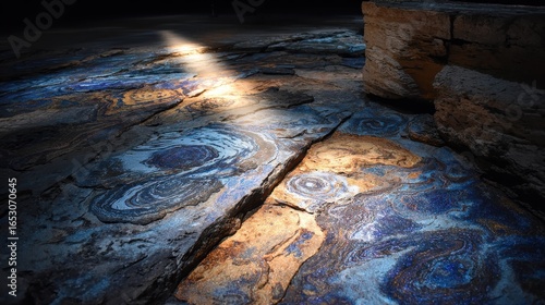 Fossilized microbial patterns glowing in ancient rock under primal sunlight for geology studies