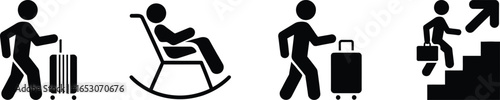 Stick Figures Walking with Luggage, Relaxing in Rocking Chair, Climbing Stairs