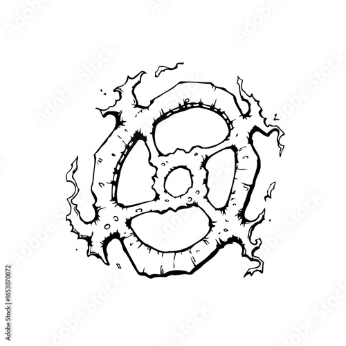 Illustration of a fantastical gear with jagged edges and flowing aura creates intrigue, a unique visual element
