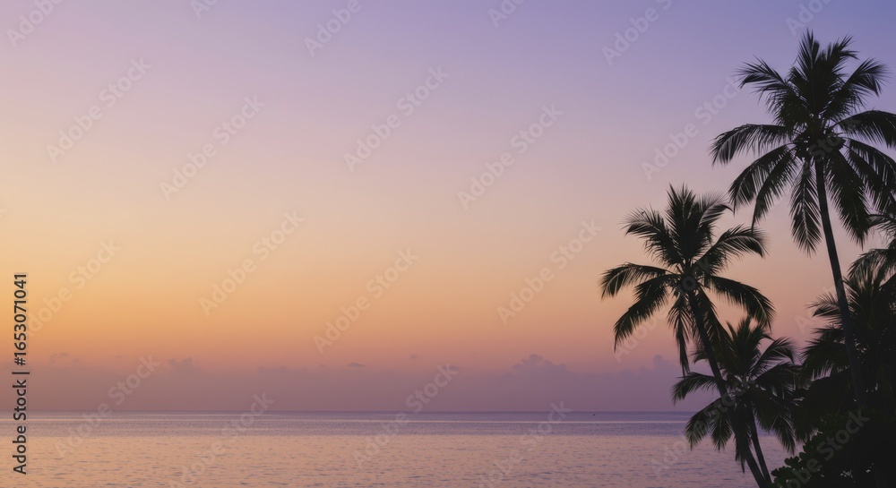 Fototapeta premium Serene Sunset Over Tropical Ocean With Silhouette Palm Trees in a Picturesque Coastal Paradise