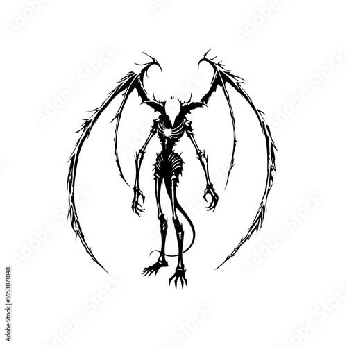 Illustration of a demonic winged creature with a skeletal appearance standing ominously against a white background horror drawing