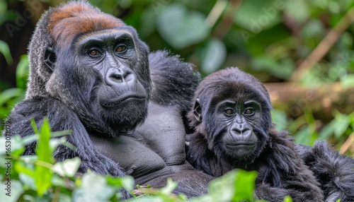Close-up portrait of a gorilla family in their natural rainforest habitat, highlighting their gentle nature and family bonds.
