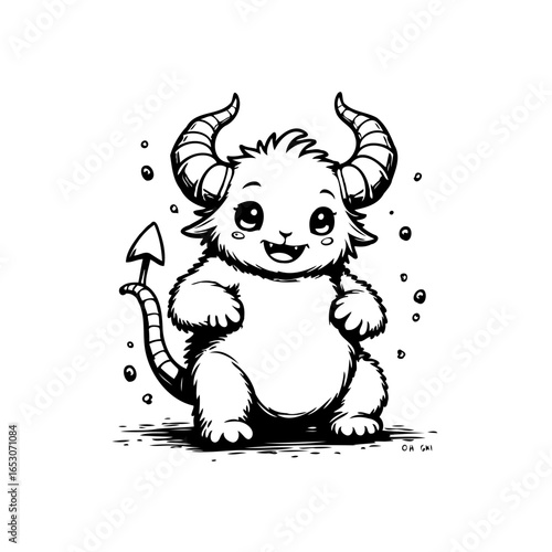 A delightful cute demon character illustration showcasing innocence and charm with whimsical horns and a playful tail