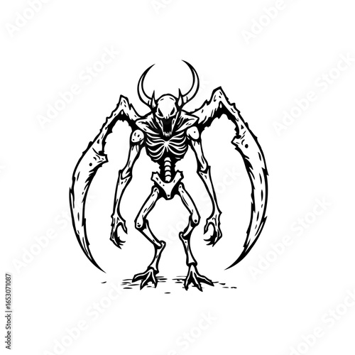 Creepy skeletal demon monster illustration with horns and scythe-like wings perfect for halloween-themed graphics and designs