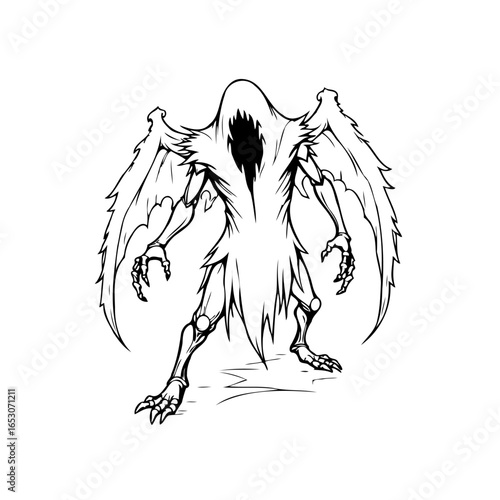 Creepy winged creature illustration conjuring images of darkness, shadows, and gothic horror as a ghostly specter