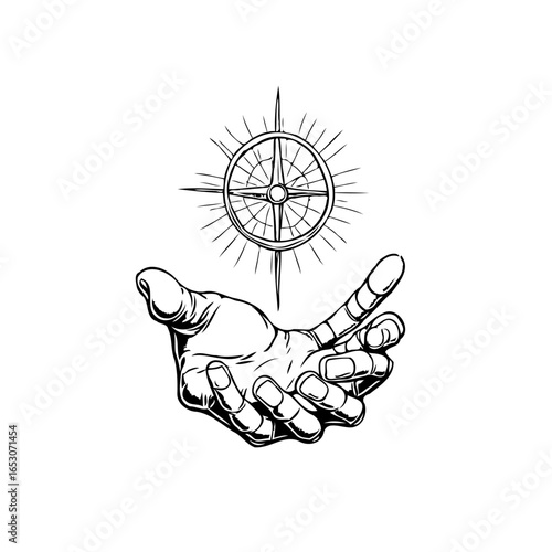 Hand holding compass star illustration representing guidance direction and navigation concept for lost souls seeking adventure and enlightenment of travel