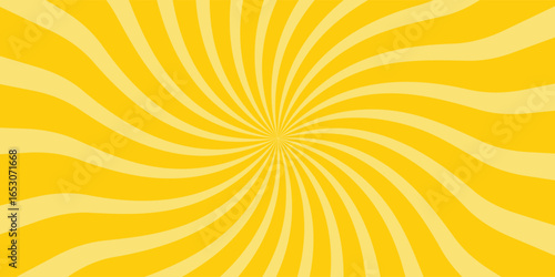 Circus background of spiral yellow orange rays vector illustration. Vintage radial pattern with sunbeams or starburst strip. Circus, carnival, summer fair or chapiteau backdrop.
