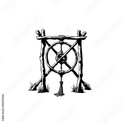 Vintage wooden wheel on rustic stand captures timeless charm and artisanal craftsmanship perfect for classic themes