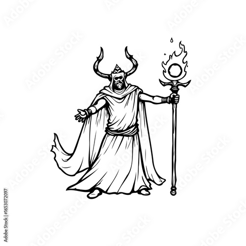 Horned sorcerer illustration summoning fire with cloak robes and mythical staff creating a magical ambiance