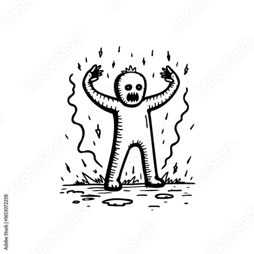 Distressed mystical being stands amidst supernatural storm evoking fear and helplessness illustration in monochromatic graphic format