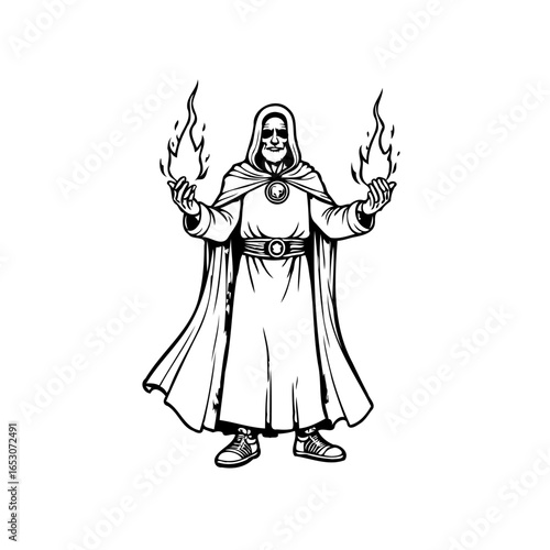Mystical figure in hooded robe conjuring flames, evoking fantasy and magic with skull face monochrome
