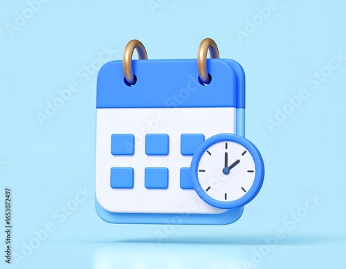 3D Render of a Calendar with a Clock Indicating Time Management and Planning