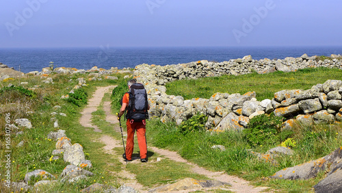 Lonely pilgrim on the Camino de Santiago near Baiona 