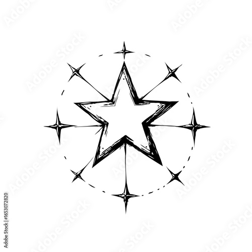 Stylized celestial navigation abstract star compass direction with a cosmic element design and artistic flair in black