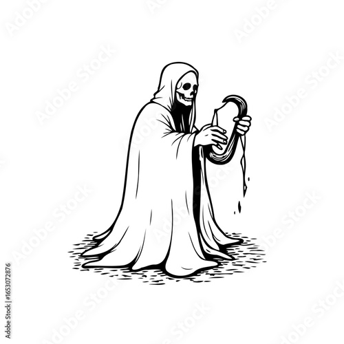 Grim reaper contemplates the fragility of existence while holding a dripping hourglass in monochrome illustration