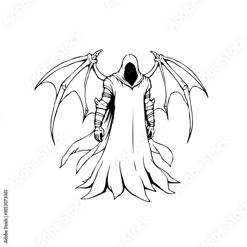 Enigmatic hooded figure with bat-like wings in black and white vector drawing conjuring mystery and darkness