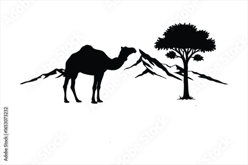Silhouette of a camel walking in a desert landscape with mountains and a tree