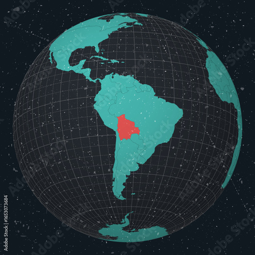 Bolivia on Globe. Vintage look with grunge scratched texture. Country view on world map in Dark Charcoal Turquoise color palette. Bolivia shape on map. Globe with meridians and parallels.